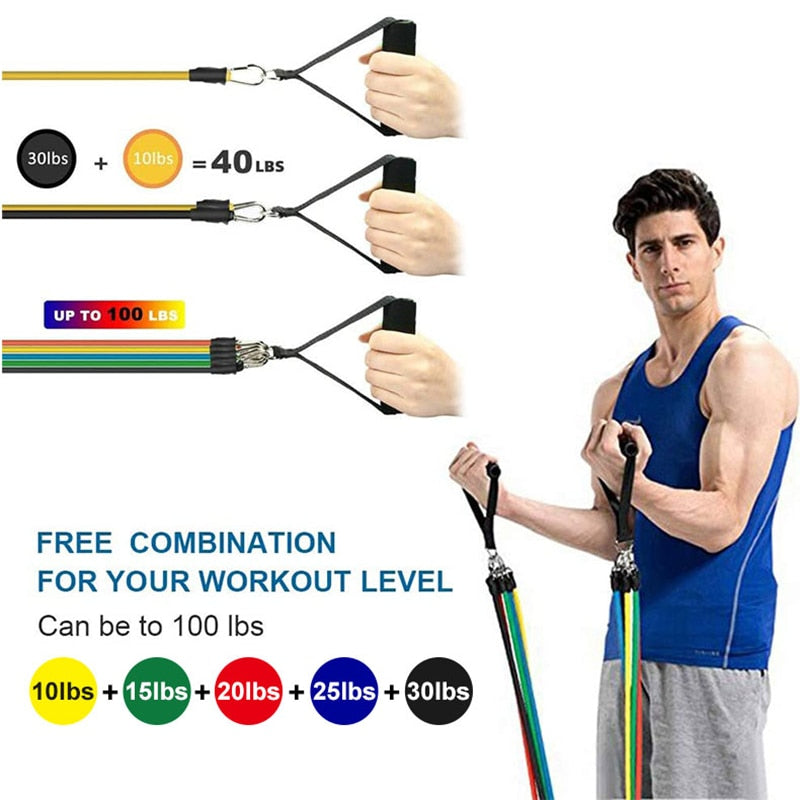 11Pcs Resistance Bands 100lbs Indoor Portable Fitness Equipment